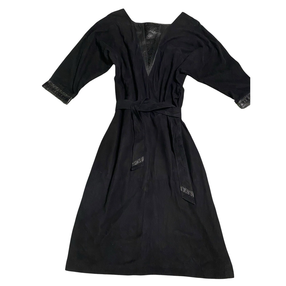 Vtg 80s Siena New York Black Suede Leather Dress Snakeskin Exotic Trim Petite M